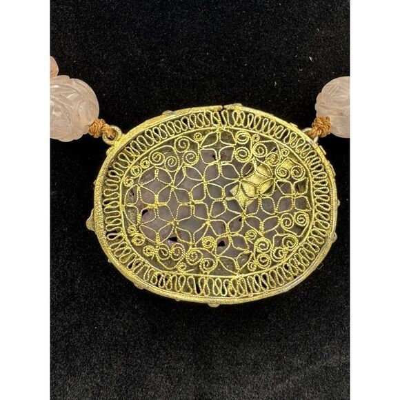 Vintage Antique Carved Rose Quartz Gold Tone Ornate Filigree Collar Necklace 14” - Picture 4 of 14
